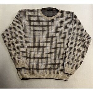 Vintage 90s Liberty Knit Sweater Mens Size XL Brown Beige Plaid Grandpa Pullover